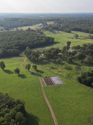 Overhead view of our farm fields and garden beds