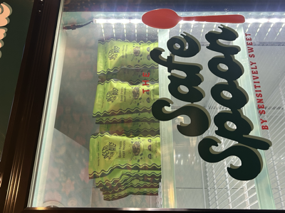 Our frozen pesto on the shelf in a freezer at the Safe Spoon