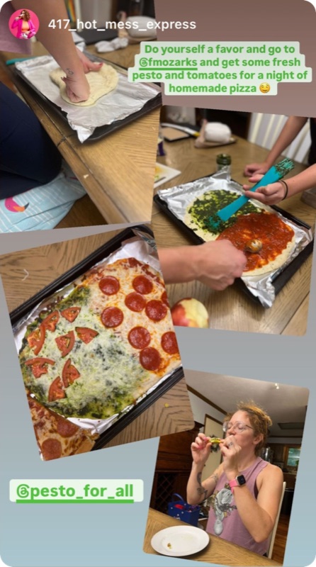 Instagram story collage of homemade pizza being topped with pesto and marinara, then eaten