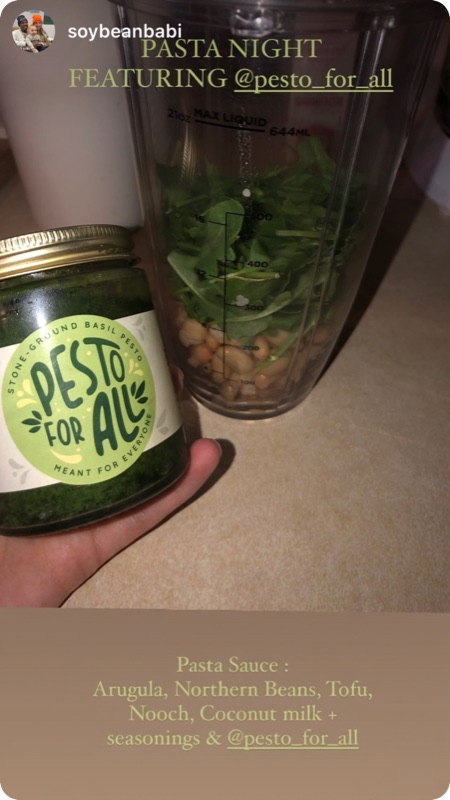 Instagram story showing a jar of Pesto For All beside a blender of arugula and white beans
