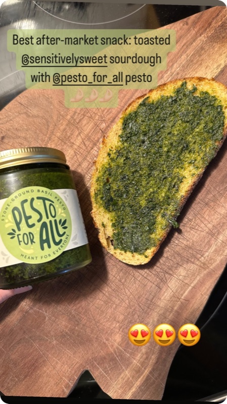 Instagram story showing a slice of toasted sourdough spread thick with pesto beside the jar