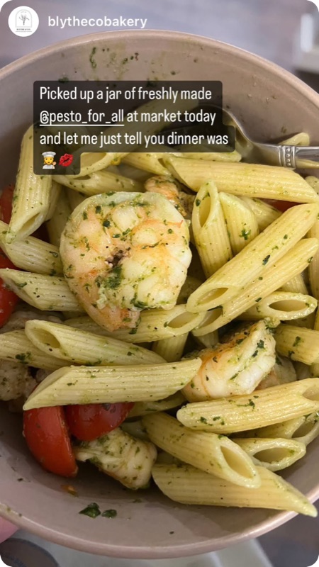 Instagram story showing a bowl of penne with shrimp, cherry tomatoes, and pesto