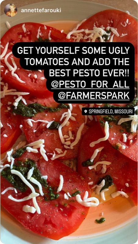 Instagram story showing sliced heirloom tomatoes topped with pesto and shredded mozzarella