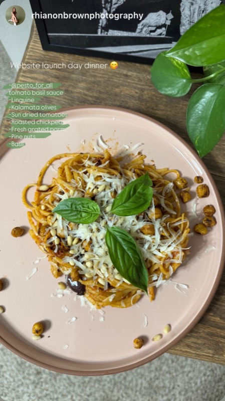 Instagram story showing linguine with tomato basil sauce, parmesan, pine nuts, and fresh basil